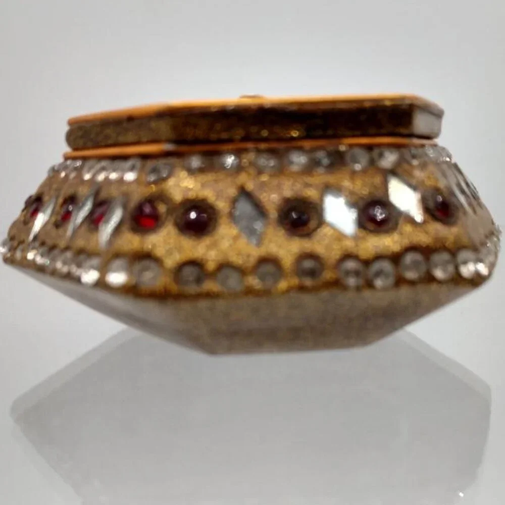 Vintage Jeweled Mirrored Trinket Box with Brass Accents and Red Embellishments